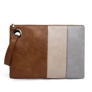 Brown Clutch Makeup Bag‎ Cosmetic Large Patchwork Gray Cream Clutch Wristlet NWT